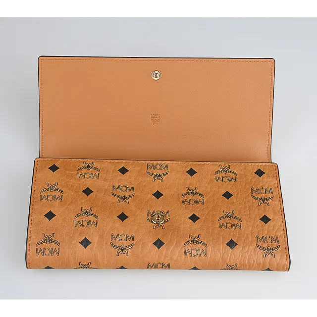 【MCM】MCM Visetos Original黑字LOGO小牛皮10卡按釦式三折長夾(白蘭地棕)