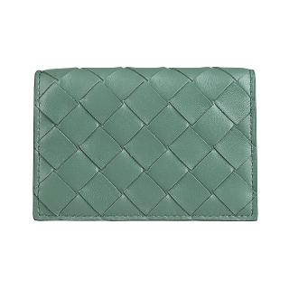 【BOTTEGA VENETA 寶緹嘉】BOTTEGA VENETA Intrecciato內鋼印LOGO小羊皮編織2卡按釦式名片卡包(蘆薈綠)