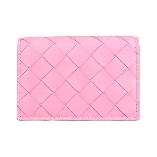 【BOTTEGA VENETA 寶緹嘉】BOTTEGA VENETA Intrecciato內鋼印LOGO小羊皮編織2卡按釦式名片卡包(絲帶粉紅)