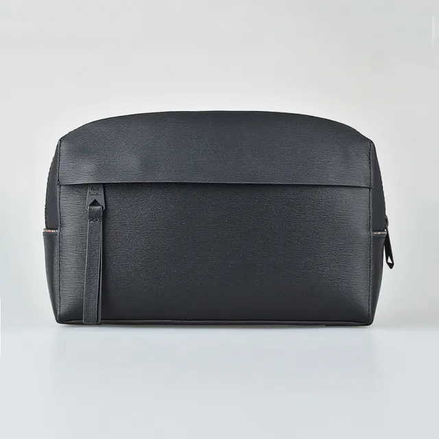 【Paul Smith】PAUL SMITH白字LOGO拉鍊彩繪內襯牛皮化妝包(黑)