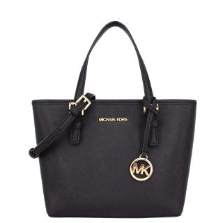 【Michael Kors】JET SET TRAVEL系列金字LOGO防刮皮革手提/斜背 托特包(黑/小)