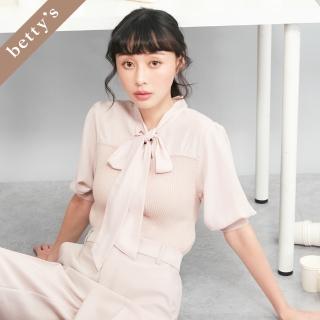 【betty’s 貝蒂思】領口綁帶雪紡拼接針織上衣(共二色)