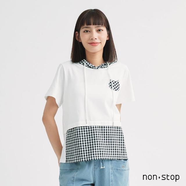 【non-stop】格紋配色拼接連帽T恤-2色