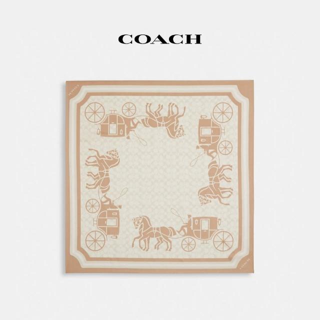 【COACH蔻馳官方直營】經典Logo馬車圖案絲綢方形圍巾-灰褐色(CM321)