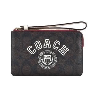 【COACH】COACH Varsity LOGO拉鍊PVC校徽標誌手拿包(深棕x白)