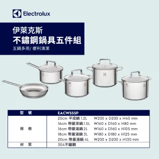 【Electrolux 伊萊克斯】不鏽鋼鍋具五件組(EACWSS5P)