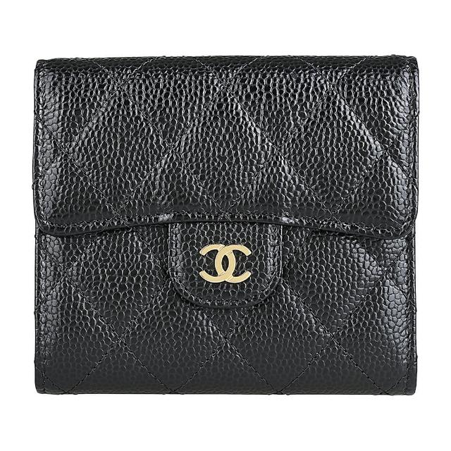 【CHANEL 香奈兒】CHANEL金色雙C字LOGO小牛皮菱格設計6卡按釦式三折短夾(黑x內裡酒紅)