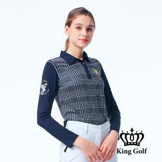 【KING GOLF】速達-網路獨家-女款千鳥格紋薄款長袖POLO衫/高爾夫球衫(深藍)