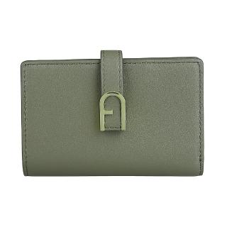 【FURLA 芙拉】FURLA Flow拱形金釦LOGO小牛皮6卡按釦式對折中夾(小/鼠尾草綠)