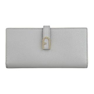 【FURLA 芙拉】FURLA Flow拱形LOGO小牛皮7卡按釦式對開零錢長夾(灰x內裡米)