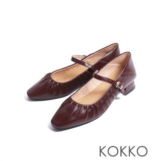 【KOKKO】法式優雅手感皺褶極柔軟瑪莉珍鞋(酒紅色)