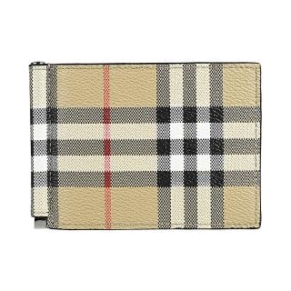 【BURBERRY 巴寶莉】BURBERRY內燙印銀字LOGO PVC6卡雙折鈔票夾短夾(米格紋x內裡黑)