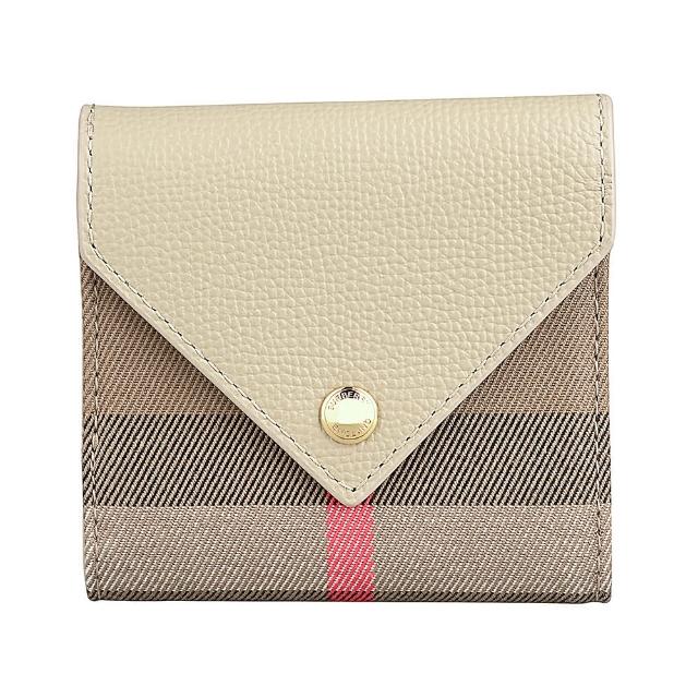 【BURBERRY 巴寶莉】BURBERRY Lila金釦LOGO格紋棉織布拼接牛皮4卡壓釦式三折零錢短夾(淺米x米格紋)