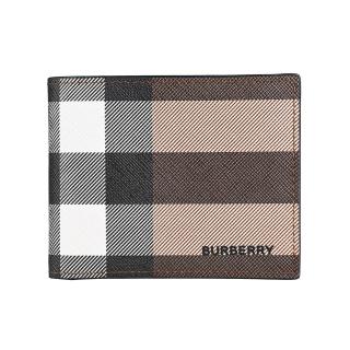 【BURBERRY 巴寶莉】BURBERRY Hipfold黑字LOGO帆布格紋圖案6卡對開短夾(樺木棕x內裡黑)