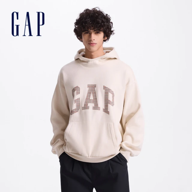 GAP 男裝 Logo印花刷毛帽T 碳素軟磨系列-米白色(609221)