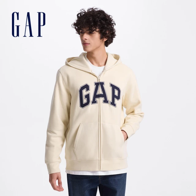 GAP 男女同款 Logo刺繡刷毛連帽外套 碳素軟磨系列-米色(609115)