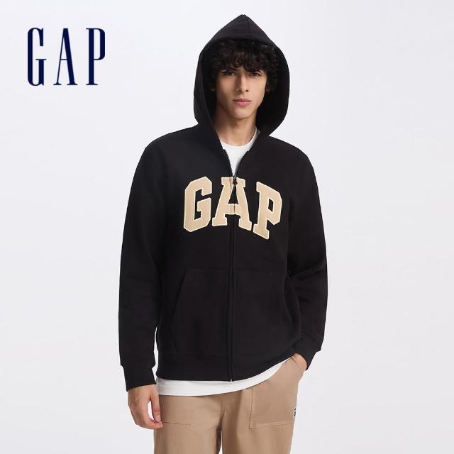 【GAP】男女同款 Logo刺繡刷毛連帽外套 碳素軟磨系列-黑色(609115)