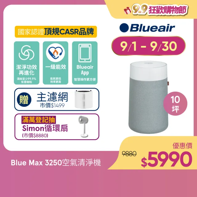 【Blueair】抗PM2.5過敏原空氣清淨機 Blue Max 3250空氣清淨機 10坪(3231001100)