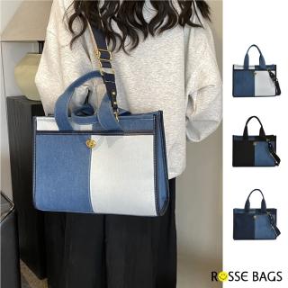 【Rosse Bags】流行雙色拼接牛仔布通勤大容量托特包(現+預 黑色／深藍色／淺藍色)