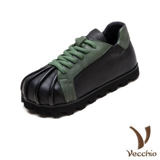 【Vecchio】真皮休閒鞋 厚底休閒鞋/全真皮復古撞色拼接輕量厚底內增高休閒鞋(黑)