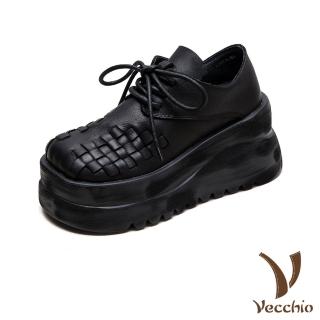 【Vecchio】真皮休閒鞋 厚底休閒鞋/全真皮復古編織輕量鬆糕厚底繫帶休閒鞋(黑)
