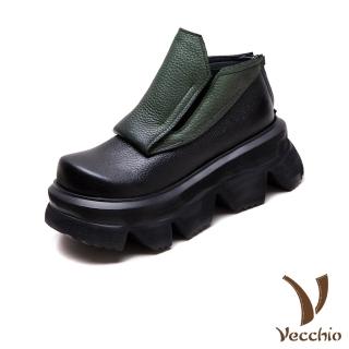 【Vecchio】真皮短靴 厚底短靴/全真皮頭層牛皮復古拉絲厚底拚色短靴(黑)