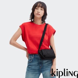 【KIPLING官方旗艦館】經典黑菱格紋印花前後加寬收納側揹包-ABANU