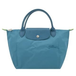 【LONGCHAMP】LE PLIAGE GREEN系列刺繡短把再生尼龍摺疊水餃包(小/孔雀藍)