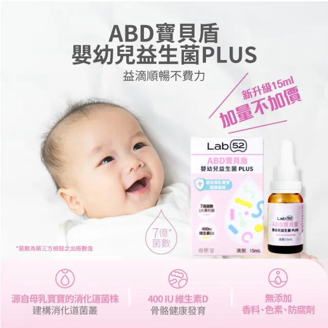 【Lab52 齒妍堂】ABD寶貝盾嬰幼兒益生菌滴劑15mL(營養師推薦/添加維生素D/專利3大菌株添加/純淨無添加配方)