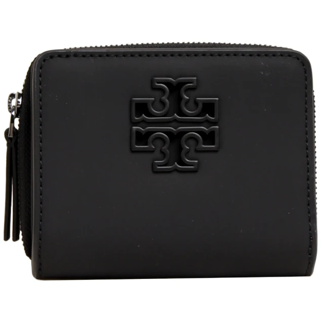 TORY BURCH BRITTEN 鏤空LOGO質感皮革釦式短夾(霧黑)