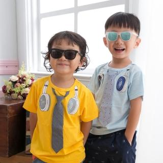 【Frenchie Mini Couture】男童領帶短袖上衣 - 小型男耳機領帶(黃色淺藍麻灰)