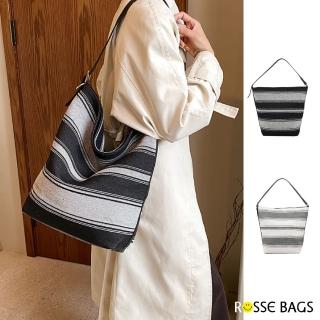 【Rosse Bags】文青生活風格大容量條紋拼接帆布托特包(現+預 黑色／灰色)