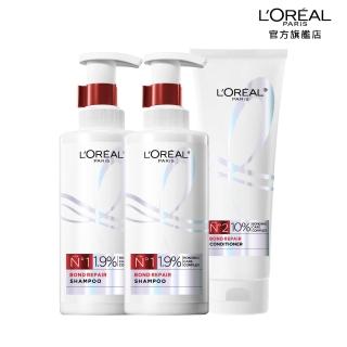 【LOREAL Paris 巴黎萊雅】髮芯修護強化洗髮露440ml/護髮素250ml_3入組(女大專業髮型師推薦/髮芯繃帶/修護)