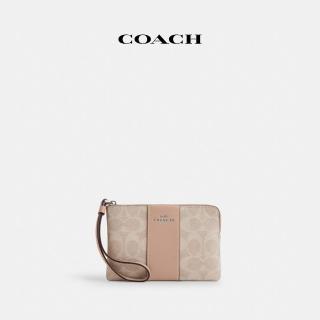 【COACH蔻馳官方直營】經典Logo條紋圖案拉鍊手手腕包-SV/沙黃色/灰褐色(CW854)