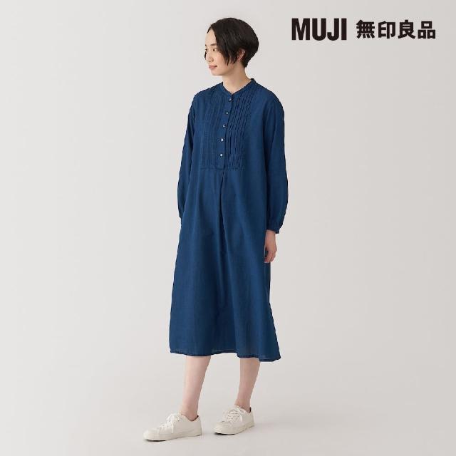 【MUJI 無印良品】女棉薄紗藍染長袖洋裝(深藍)