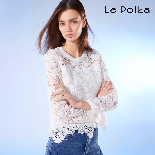 【Le Polka】法式蕾絲鏤空圓領上衣-女