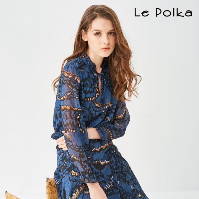 【Le Polka】燕尾蝶雪紡印花上衣-女