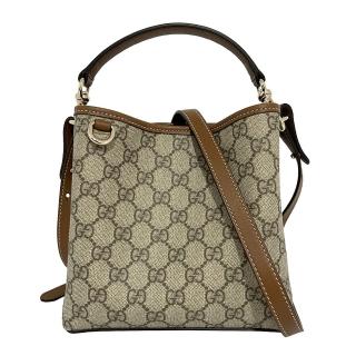 【GUCCI 古馳】815118 經典GG LOGO Emblem系列手提斜背迷你水桶包(棕色)