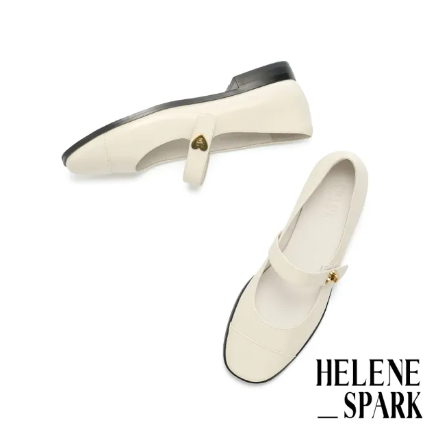【HELENE_SPARK】簡約氣質愛心鎖釦寬帶全真皮瑪莉珍低跟鞋(米)