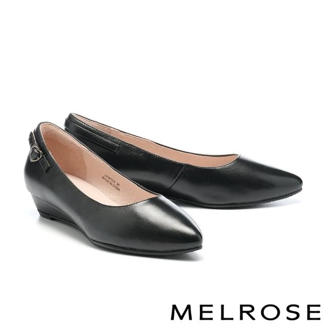 【MELROSE】美樂斯 氣質愛心釦羊皮尖頭楔型低跟鞋(黑)