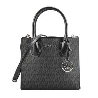 【Michael Kors】滿版PVC LOGO寬底手提/肩背/斜揹包(黑灰)