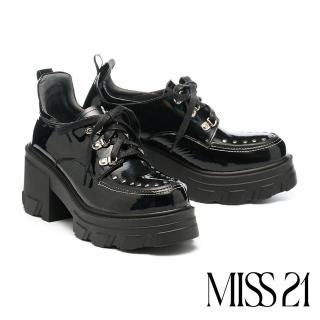 【MISS 21】迷戀搖滾鉚釘綁帶幻彩高跟厚底鞋(幻黑)