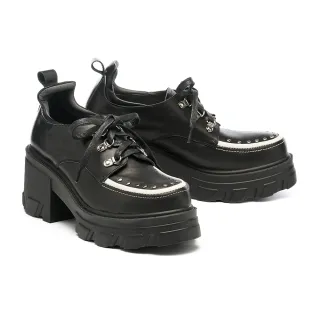 【MISS 21】復古搖滾鉚釘綁帶撞色高跟厚底鞋(黑)