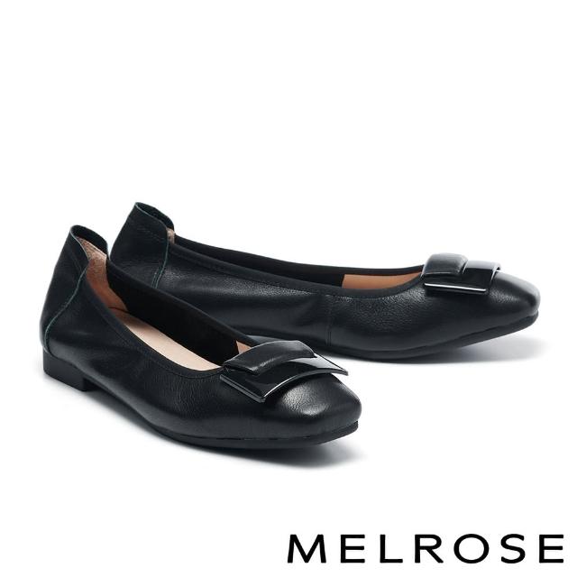 【MELROSE】雙11 美樂斯 氣質美學方釦造型牛皮方頭Q軟娃娃低跟鞋(黑)