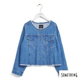 【SOMETHING】女裝 圓領寬版牛仔外套(石洗藍)