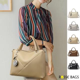 【Rosse Bags】笑臉真皮拼接大容量手提肩揹包(米白色 / 灰色 / 卡其色 / 棕色 / 黑色)