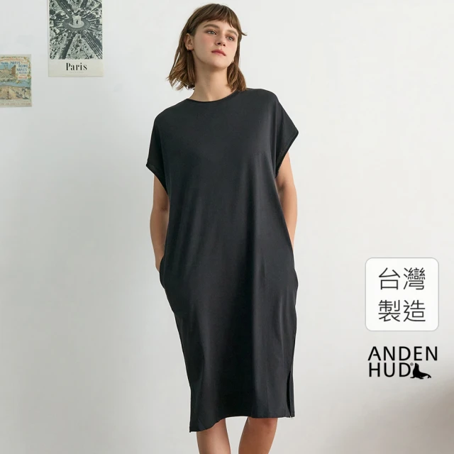 Anden Hud 連身_Travel memory．莫代爾棉短包袖開叉口袋睡衣(黑色)