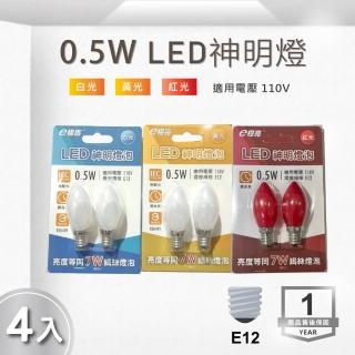 【E極亮】LED E12 0.5W 110V 尖清燈泡 黃光 紅光-4入組(LED E12 神明燈 省電)