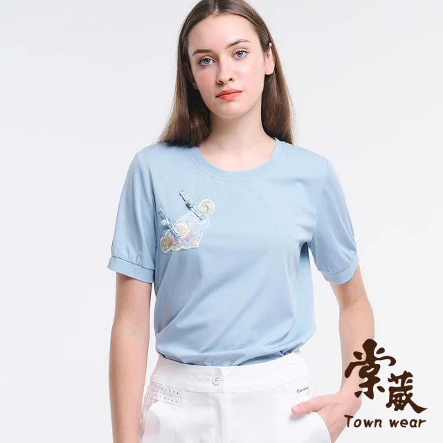 TOWN’WEAR 棠葳 民俗風刺繡拼接T恤(中大尺碼/女上衣/女上著/短袖/輕薄/清涼/復古/休閒)