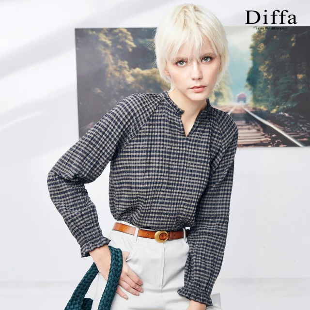 Diffa 綠黑格拉克蘭袖設計上衣-女